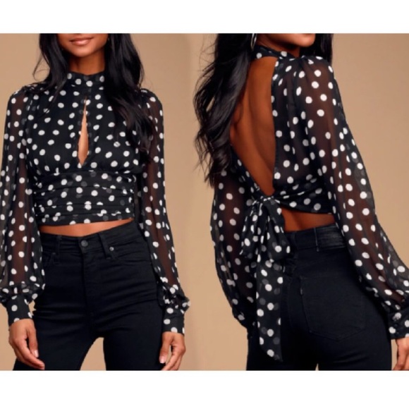 Lulus Tops - Lulus Polka Dot Print Long Sleeve Open Back Blouse Size Medium Black & White Top